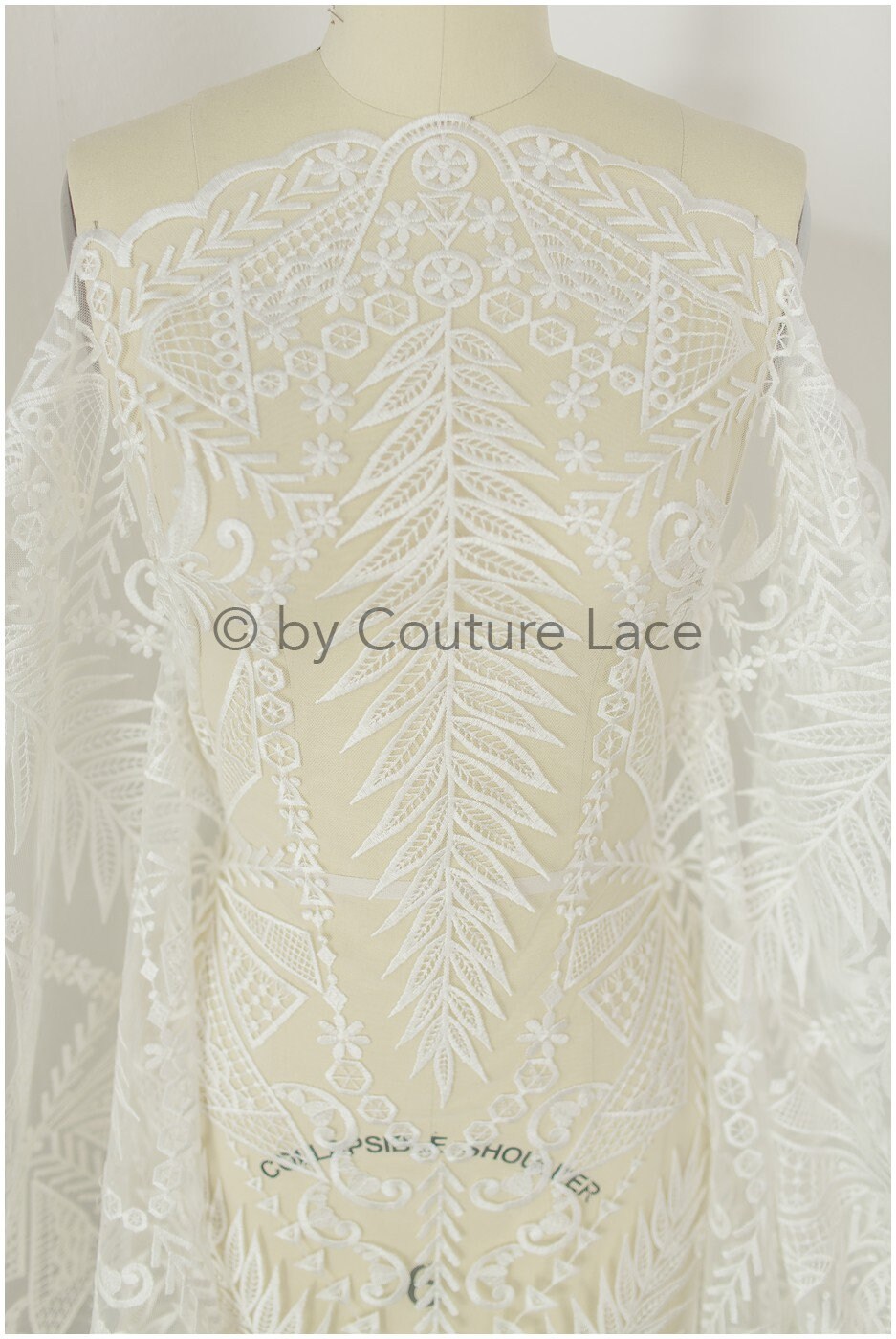 Boho bridal lace fabric off-white/ embroidered bridal lace fabric/ modern embroidered wedding dress lace// L19-242