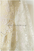 Floral lace glitter mesh fabric/ Off-white wedding dress fabric with glitter/ Shiny glitter tulle fabric/ R-015