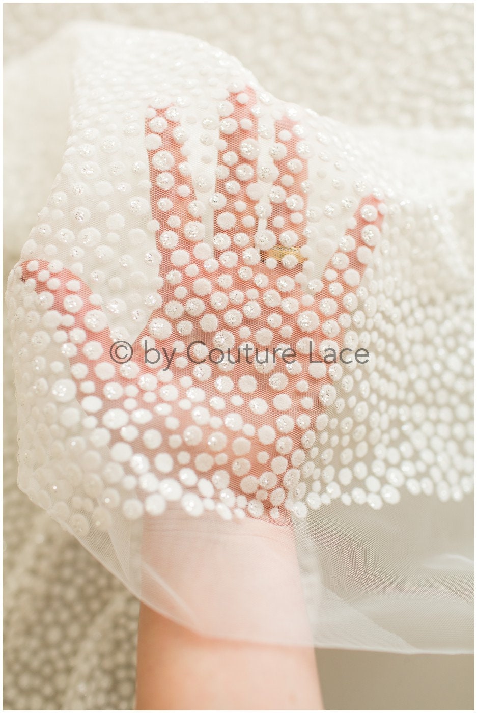 Shiny polka dot flock fabric with gradient/ off-white silver glitter fabric with flock/ elegant mesh tulle lace fabric/ off-white bridal tulle fabric// R-017