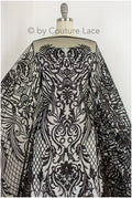 Schwarze Ornamentspitze/ schwarze Spitze/ schwarze bestickte Spitze für Abendkleid/ schwarze Couture Spitze // L19-215