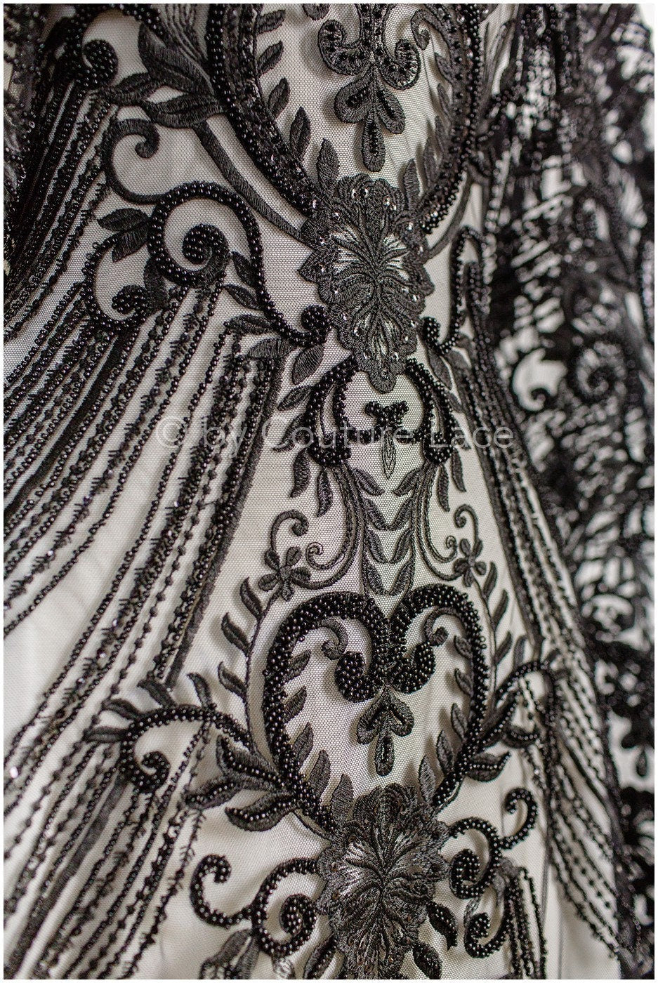 Perlen Spitzenstoff Schwarz/ Couture Spitzenstoff/ Spitzenstoff mit Perlen/ Perlen Spitze// L19-217