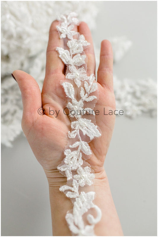 Hand embroidered lace trim for wedding dress/ embroidered lace for veil/ lace trim off-white// T19-068