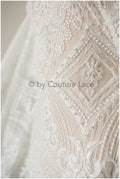 Geometric lace fabric off-white/ bridal lace with beads/ abstract wedding dress lace with beads &amp; sequins// L19-249