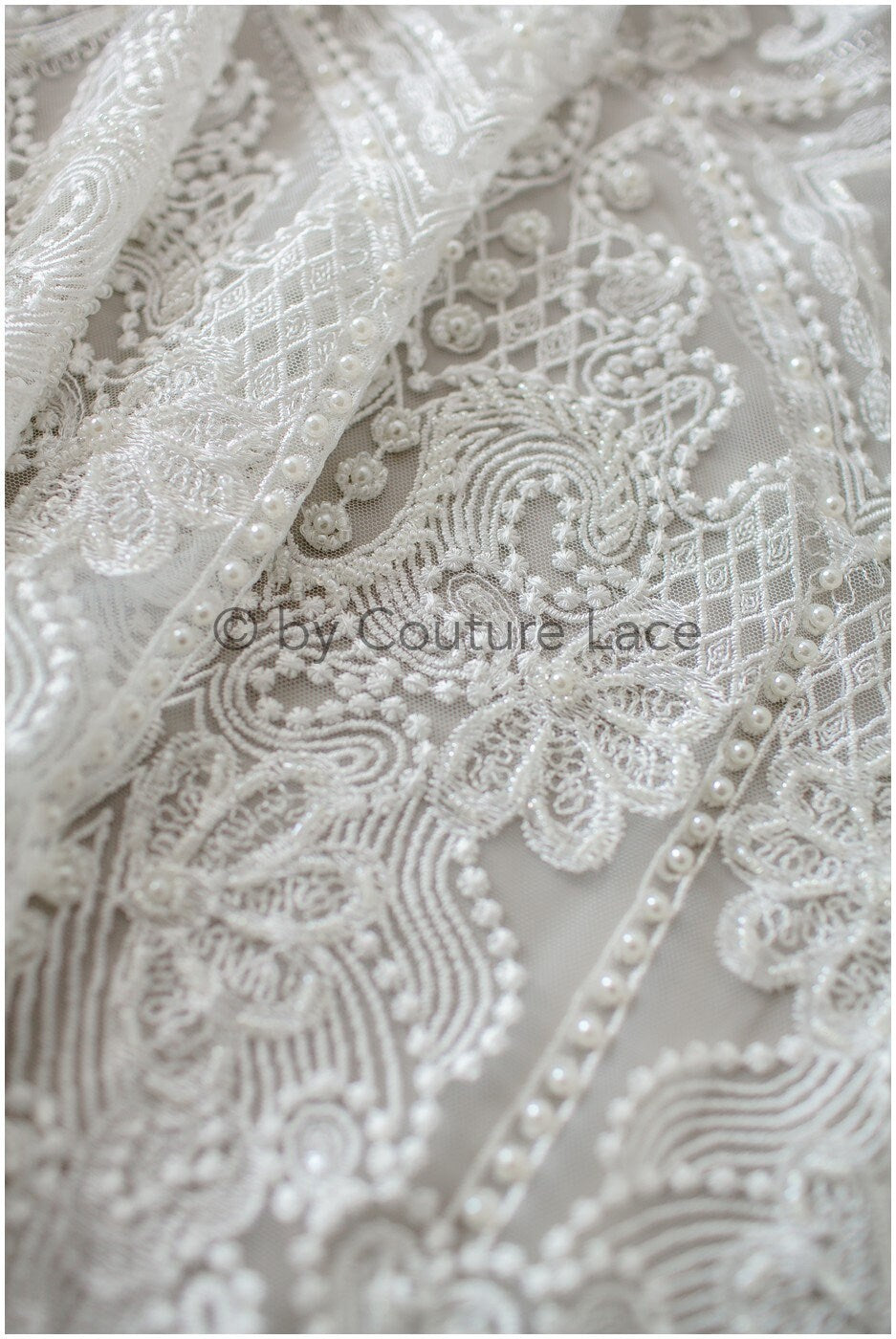 Geometric lace fabric off-white/ bridal lace with beads/ abstract wedding dress lace with beads &amp; sequins// L19-249
