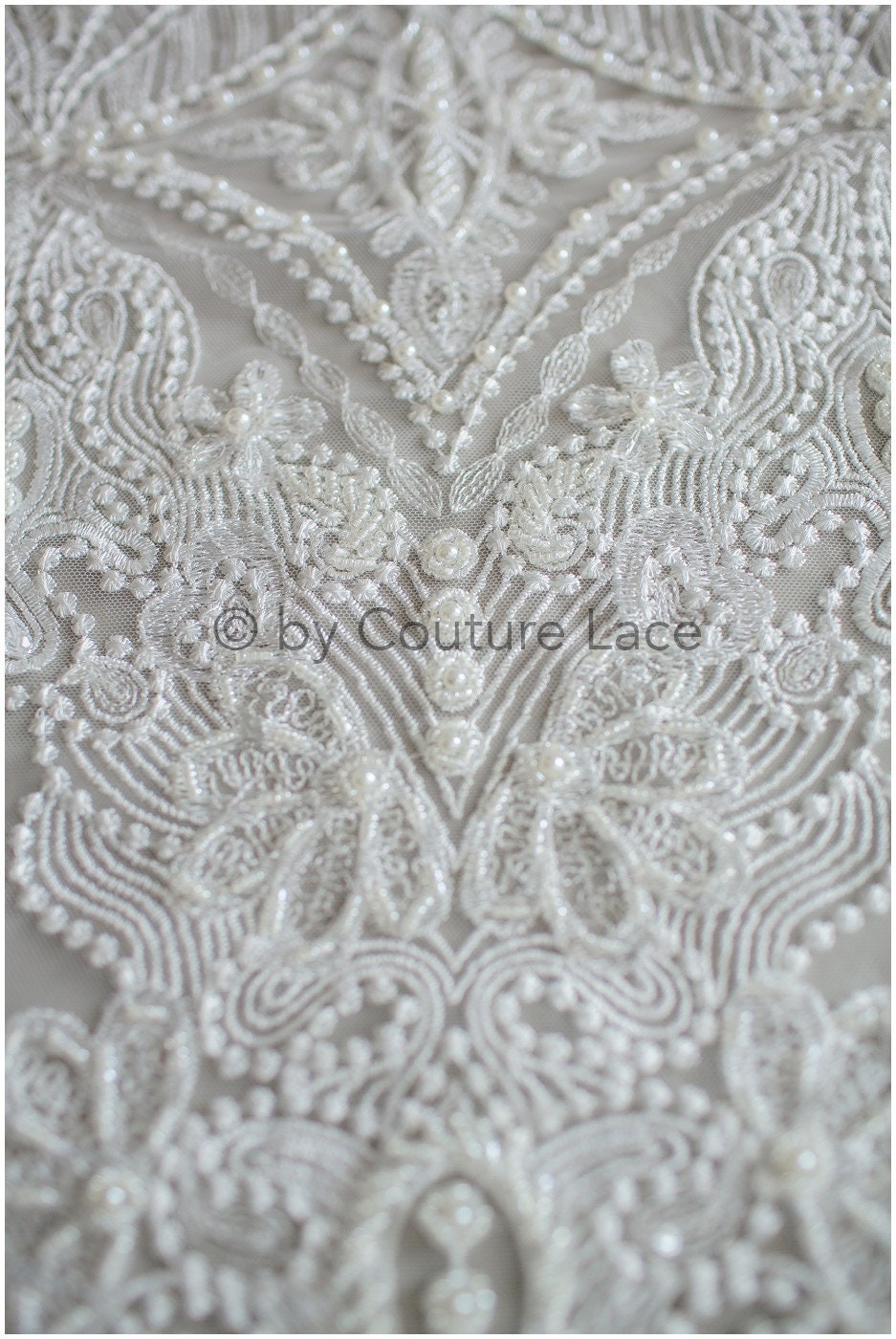 Geometric lace fabric off-white/ bridal lace with beads/ abstract wedding dress lace with beads &amp; sequins// L19-249