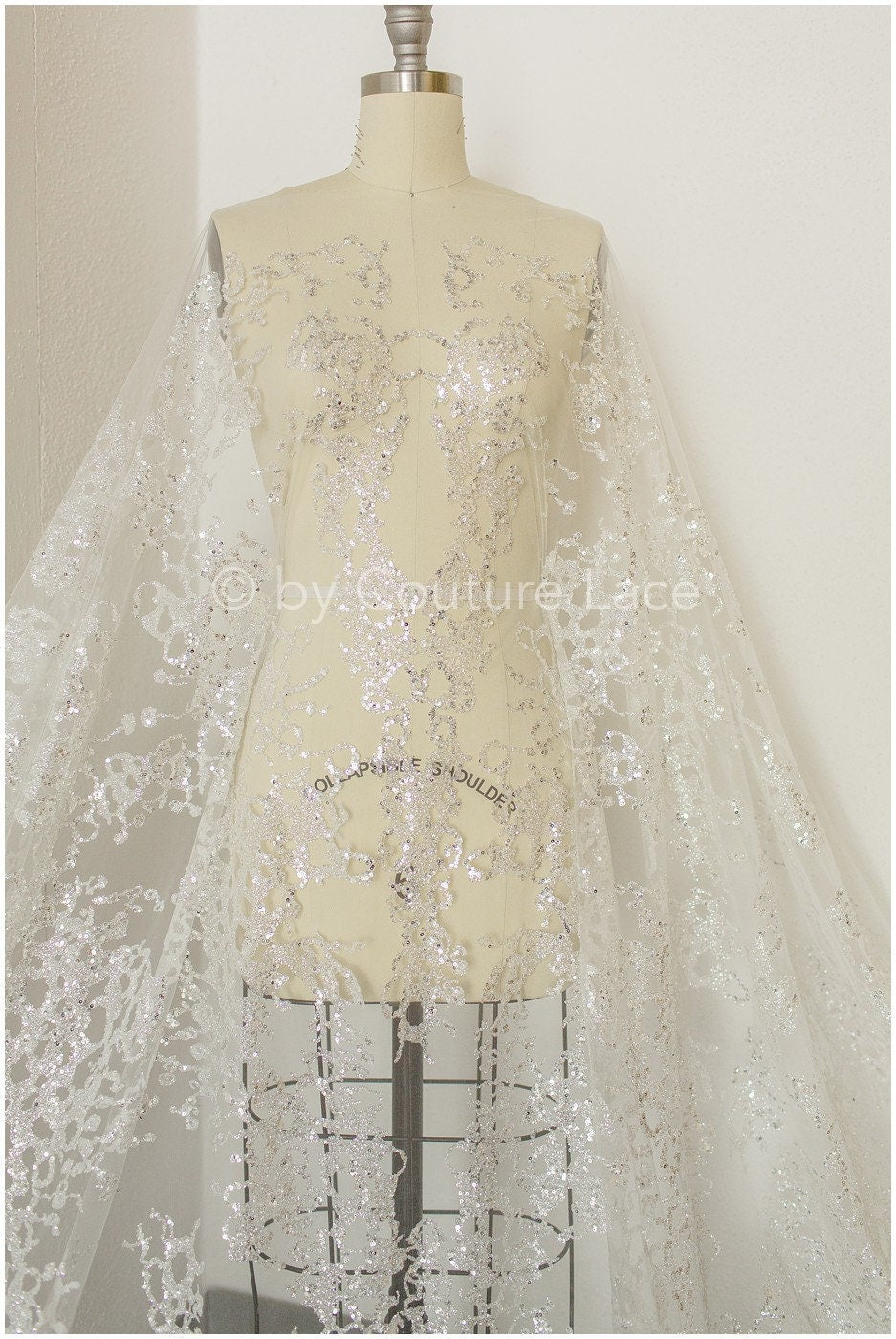 Glitter tulle fabric/ off-white silver glitter net/ wedding dress fabric with glitter/ shiny bridal lace fabric// R-019