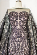 Schwarzer Perlen Spitzenstoff/ schwarze Couture Spitze/ Abendkleid Spitzenstoff/ schwarzes Abendkleid Perlenspitze/ L19-250