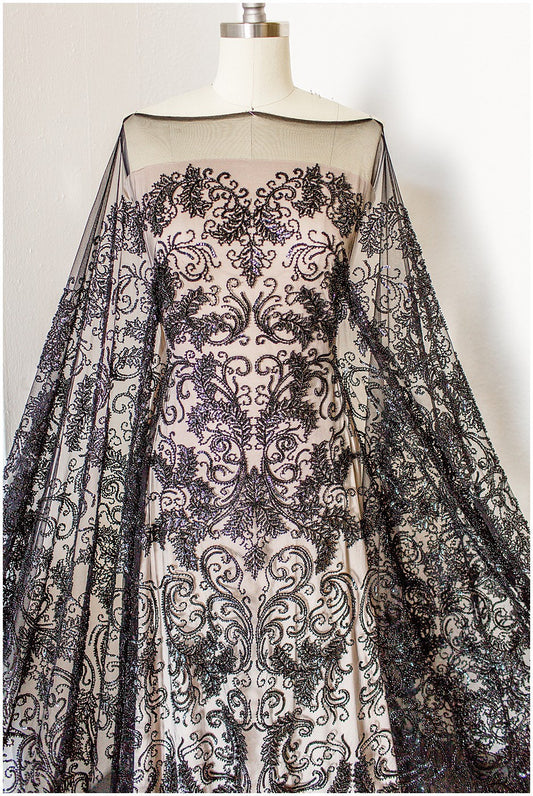 Schwarzer Perlen Spitzenstoff/ Couture Spitzenstoff/ schwarze Braut Spitze Stoff/ Perlen Perlen Spitze/ schwarzes Abendkleid Spitzenstoff// L19-251