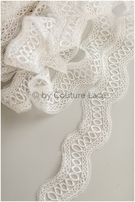 Wave lace trim/ Geometric boho lace trim/ Off-white embroidered lace trim/ Boho bridal lace// T19-074