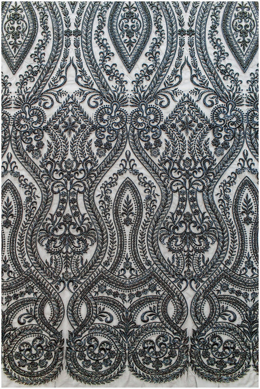 Schwarzer Perlen Spitzenstoff/ schwarze Couture Spitze/ Abendkleid Spitzenstoff/ schwarzes Abendkleid Perlenspitze/ L19-250