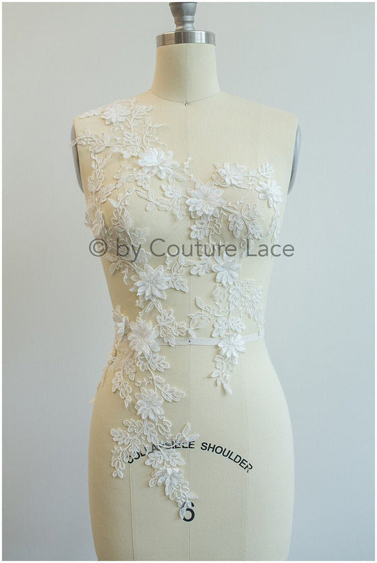 A19-180 Paar - 3D Spitzen Applikation, Baumwoll 3D Spitzen Aufnäher, Spitze Blumenplatten, Brautkleid Applikation, Hochzeitskleid Spitze Blume 3D