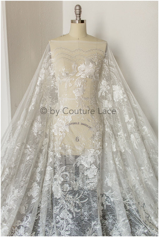French wedding dress lace off-white/ Floral patterned lace/ Bridal lace/ Embroidered Chantilly lace// L19-256