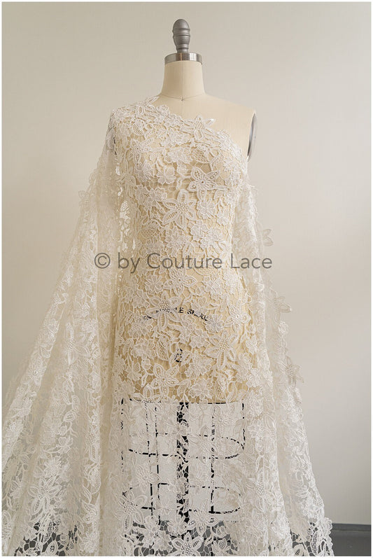 Crochet lace fabric off-white/ floral guipure lace fabric/ French bridal lace/ bridal crochet fabric/ vintage bridal lace/ Alencon lace// L19-295