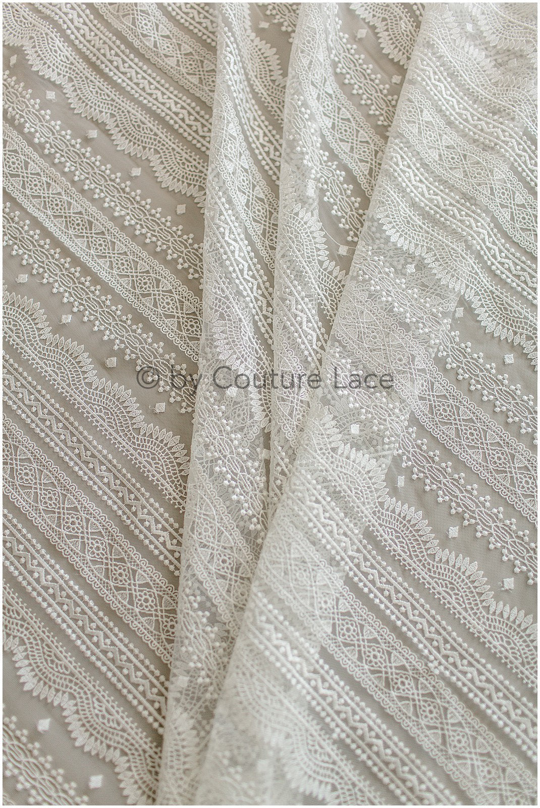 French lace off-white/ bridal lace fabric/ modern stripe patterned lace/ boho wedding dress lace// L19-255RY