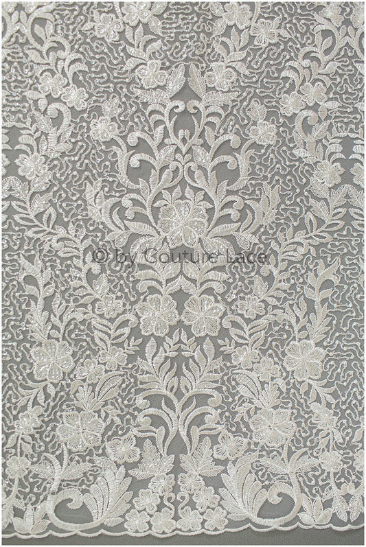 schwerer bestickter Spitzenstoff mit Perlen/ Hochzeitsspitze/ Paillettenspitze/ Brautspitze/ Couture Lace - Alencon Lace Stoff// L17-012
