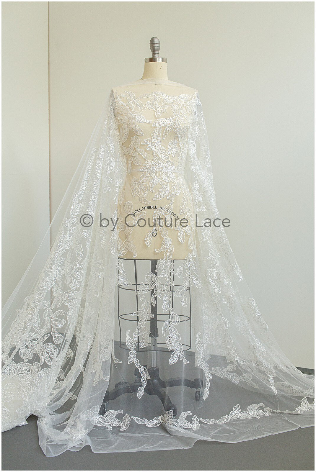 Leaf lace fabric, sequin leaf pattern lace, bridal french lace fabric, shiny leaf design lace, embroidered lace fabric with sequins// L19-280