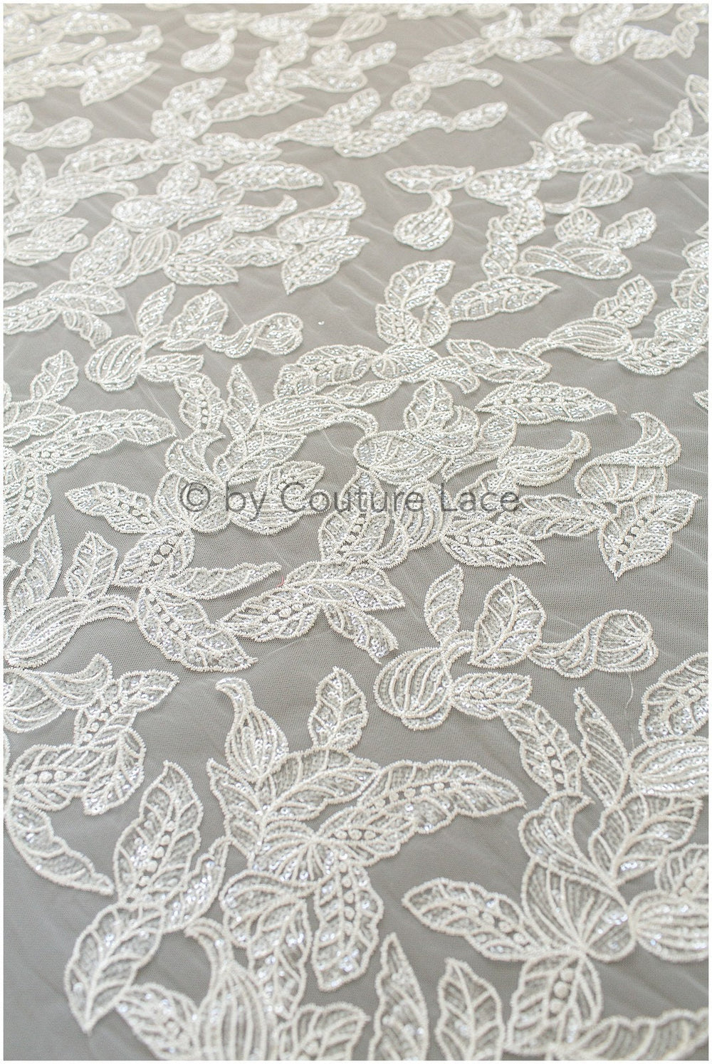 Leaf lace fabric, sequin leaf pattern lace, bridal french lace fabric, shiny leaf design lace, embroidered lace fabric with sequins// L19-280
