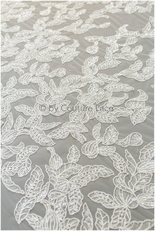 Blatt Spitzenstoff, PaillettenblattMuster Spitze, brautfranzöser Spitzenstoff, Glänzende Blattdesign Spitze, Bestickter Spitzenstoff mit Pailletten// L19-280