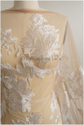 Floral lace fabric on nude mesh tulle, sequin leaf pattern lace, bridal lace fabric on nude mesh, floral lace on nude tulle// L19-296