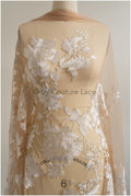 Floral lace fabric on nude mesh tulle, sequin leaf pattern lace, bridal lace fabric on nude mesh, floral lace on nude tulle// L19-296