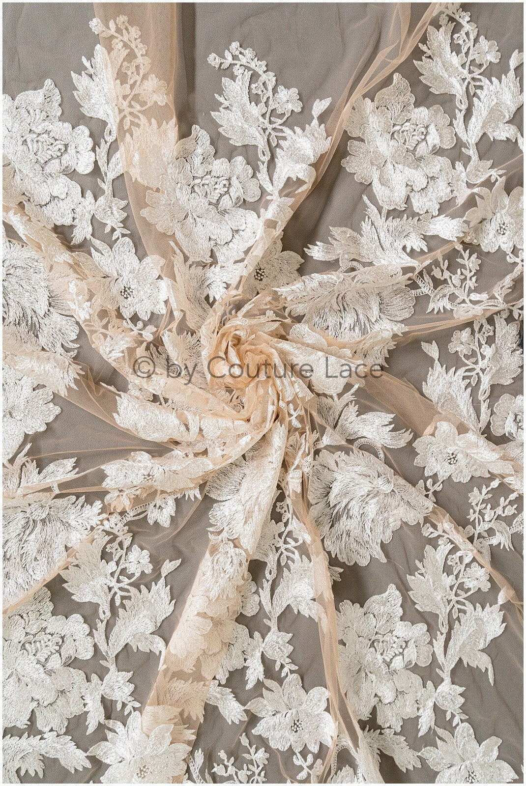 Floral lace fabric on nude mesh tulle, sequin leaf pattern lace, bridal lace fabric on nude mesh, floral lace on nude tulle// L19-296