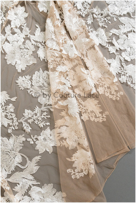 Floral lace fabric on nude mesh tulle, sequin leaf pattern lace, bridal lace fabric on nude mesh, floral lace on nude tulle// L19-296