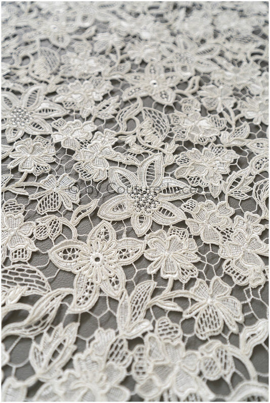 Crochet lace fabric off-white/ floral guipure lace fabric/ French bridal lace/ bridal crochet fabric/ vintage bridal lace/ Alencon lace// L19-295