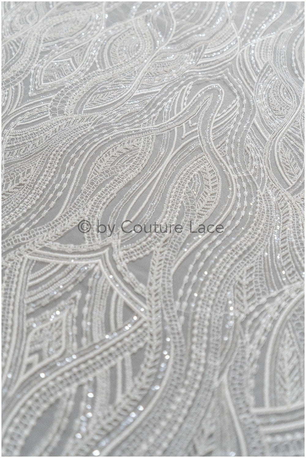 Perlen Braut Spitzenstoff Off-White/ Perlen Wellen Spitzenstoff/ Hochzeitskleid Spitze mit Perlen & Pailletten/ Brautspitzenstoff// L19-021