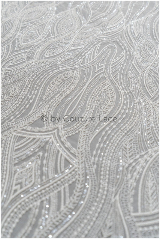 Perlen Braut Spitzenstoff Off-White/ Perlen Wellen Spitzenstoff/ Hochzeitskleid Spitze mit Perlen & Pailletten/ Brautspitzenstoff// L19-021