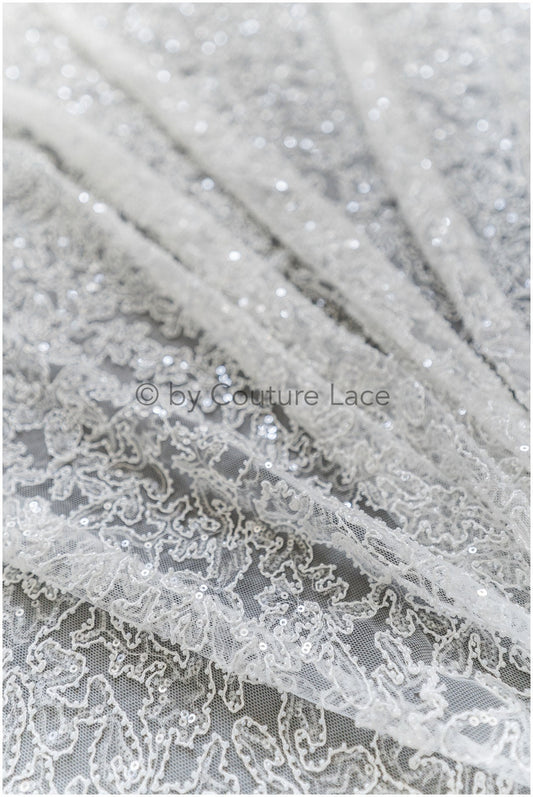 1.4yds/ 1.3 Meter - Funkelnde Perlen Spitze Off-White/ L19-300-REST-1.4yds