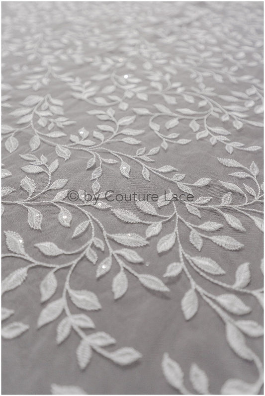 Romantic bridal lace off-white/ bridal lace with leaves/ sequin lace/ bridal lace fabric with sequins// L19-002