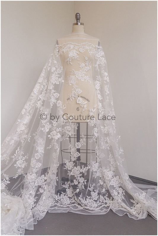 Romantischer Baumwoll-Rayon-Misch-Spitzenstoff für Hochzeitskleid, Spitzenstoff, Blumendesign Spitze, Blumenmuster Hochzeitskleid Spitze// L19-017
