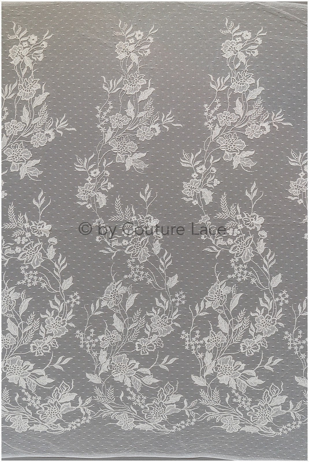 French lace off-white/ dot tulle/ floral lace with dots/ polka dot lace fabric/ bridal lace// L19-319