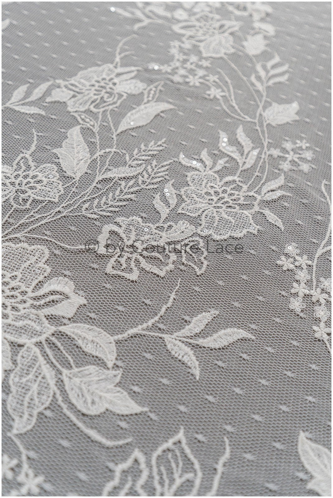 French lace off-white/ dot tulle/ floral lace with dots/ polka dot lace fabric/ bridal lace// L19-319
