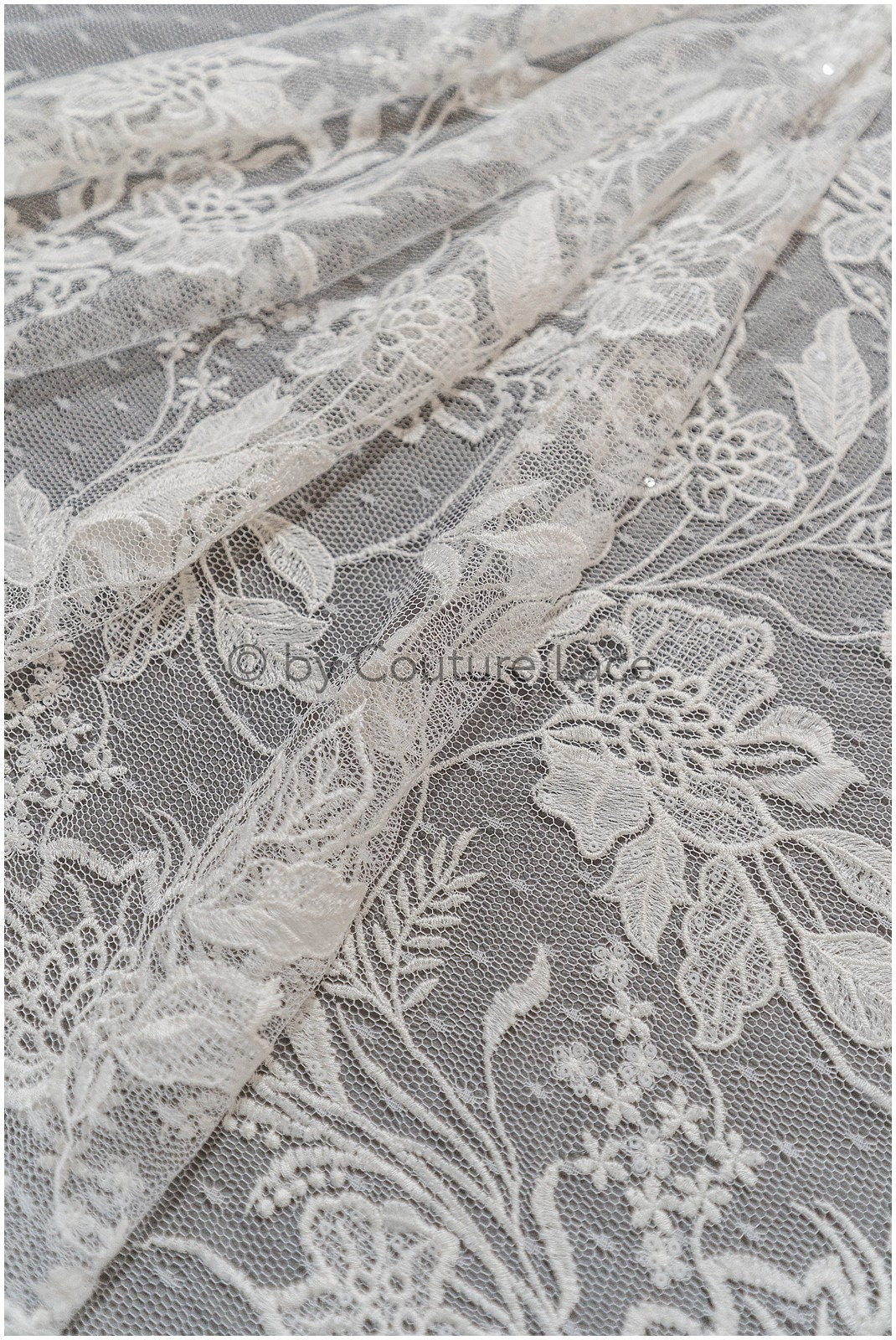French lace off-white/ dot tulle/ floral lace with dots/ polka dot lace fabric/ bridal lace// L19-319