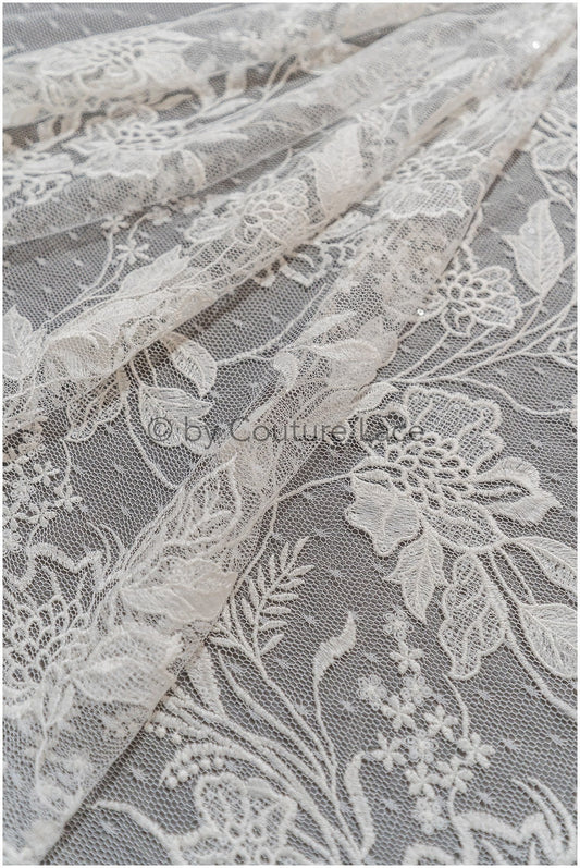 Encaje francés en color marfil / Tul con puntos / Encaje floral con puntos / Tela de encaje tipo polka dot / Encaje nupcial / L19-319