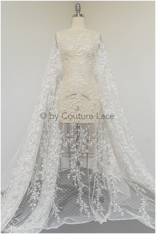 French lace off-white/ embroidered lace fabric on dot tulle/ lace with dots/ polka dot lace fabric// L19-321