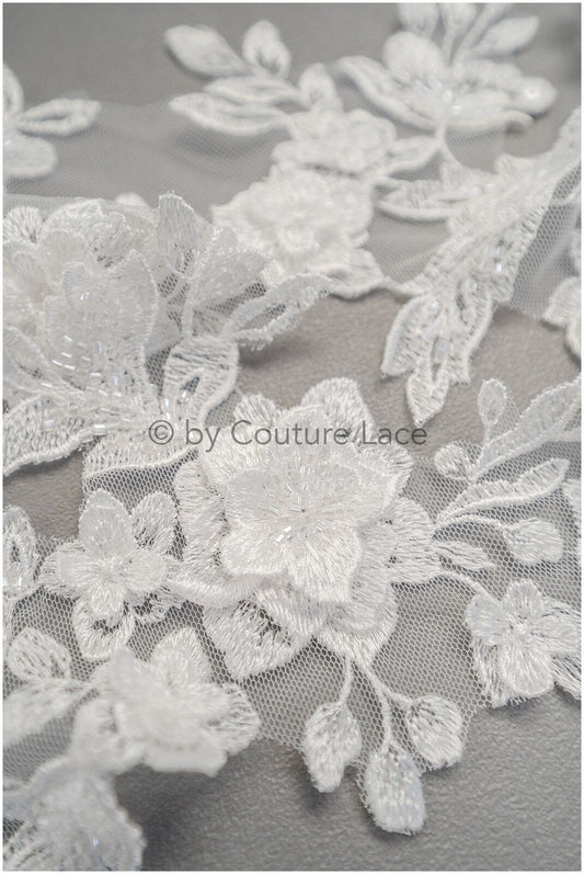 3D Blumen SpitzenApplikation für Hochzeitskleid, Brautkleid Spitzenaufnäher mit 3D Blumen, Perlen BrautSpitze Applikation mit 3D Blumen// A20-195