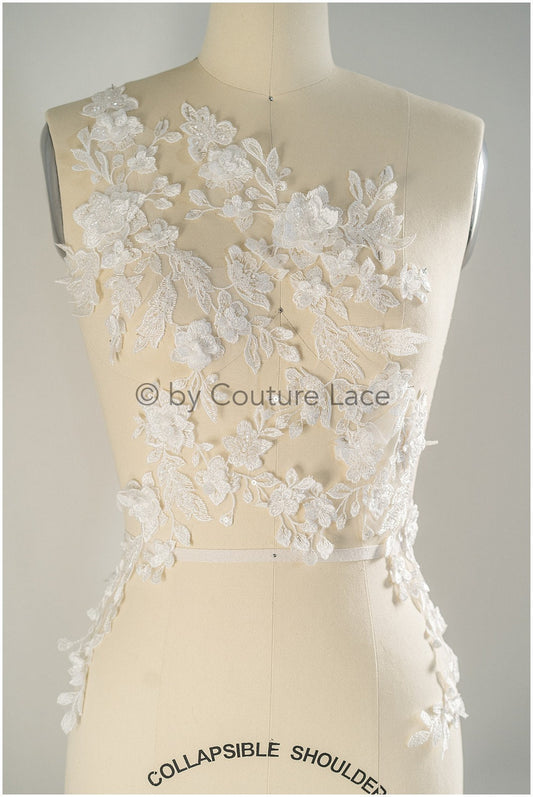 3D Blumen SpitzenApplikation für Hochzeitskleid, Brautkleid Spitzenaufnäher mit 3D Blumen, Perlen BrautSpitze Applikation mit 3D Blumen// A20-195