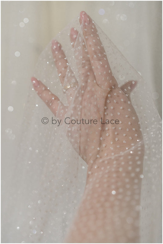 3m wide - Off-White Diamond Glitter Tulle Fabric/ Glitter Veil/ Glitter Mesh/ Polka Dot Glitter Fabric/ Shiny Bridal Lace Fabric// R-027