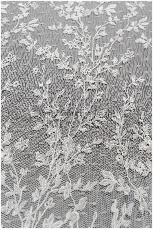 French lace off-white/ embroidered lace fabric on dot tulle/ lace with dots/ polka dot lace fabric// L19-321