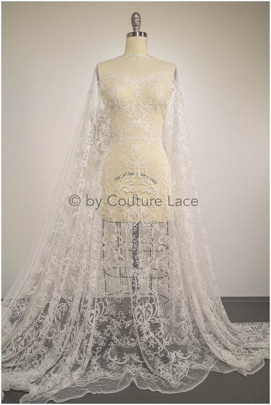 French lace fabric on dot tulle/ lace fabric off-white/ floral lace with dots/ polka dot lace fabric/ bridal lace// L20-328