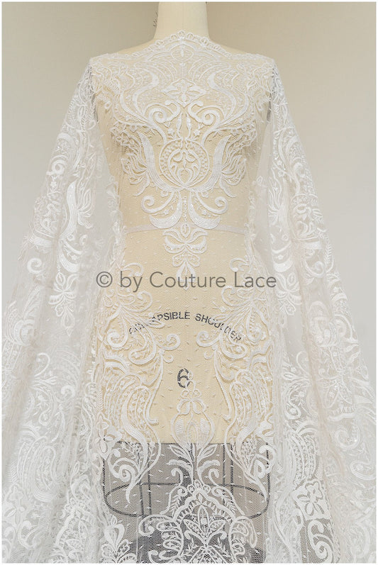 French lace fabric on dot tulle/ lace fabric/ floral lace with dots/ polka dot lace fabric/ bridal lace// L19-320