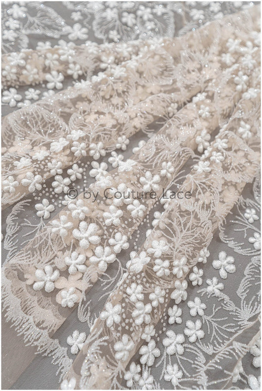 Glitter tulle fabric/ off-white glitter tulle/ floral glitter fabric/ shiny glitter lace/ Pronovias glitter lace// R-029