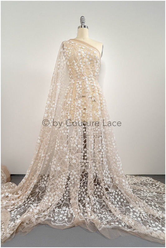 Glitter tulle fabric/ off-white glitter tulle/ floral glitter fabric/ shiny glitter lace/ Pronovias glitter lace// R-029