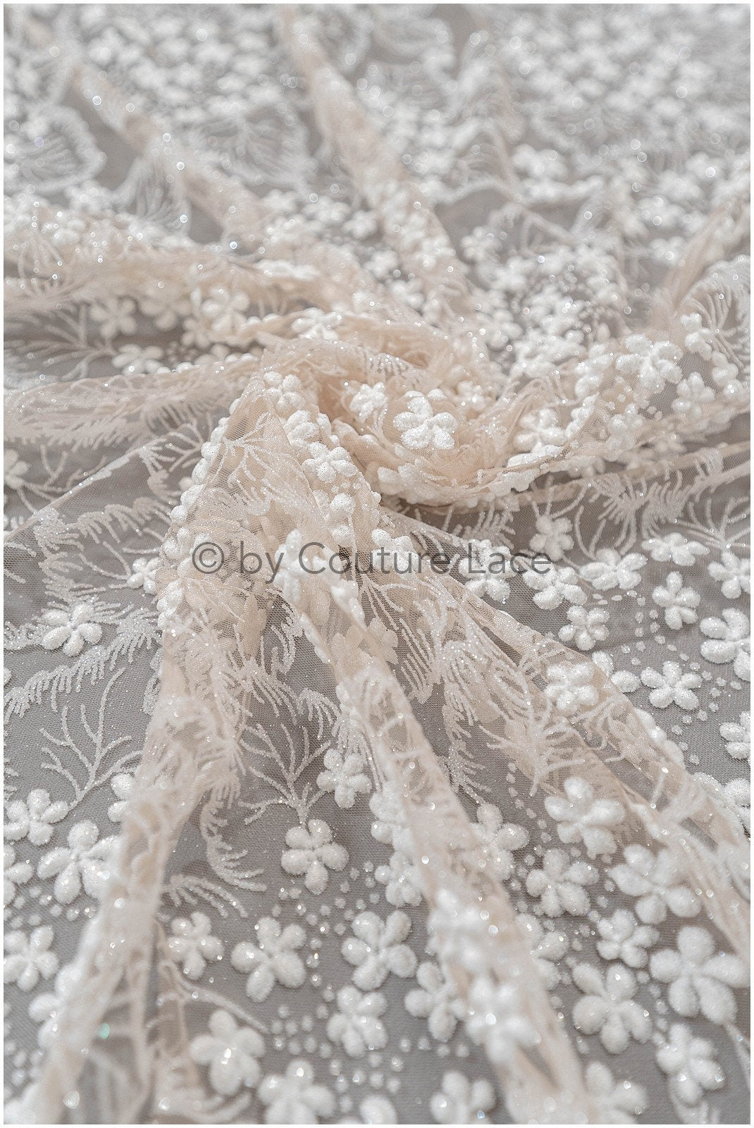 Glitter tulle fabric/ off-white glitter tulle/ floral glitter fabric/ shiny glitter lace/ Pronovias glitter lace// R-029