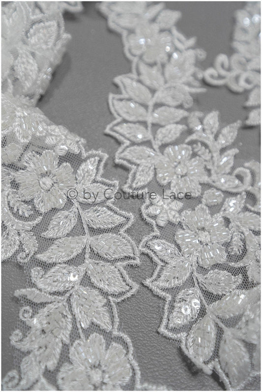 Lace trim with pearls/ pearl embroidered lace trim/ glitter rhinestone trim/ bridal lace trim/ T20-087
