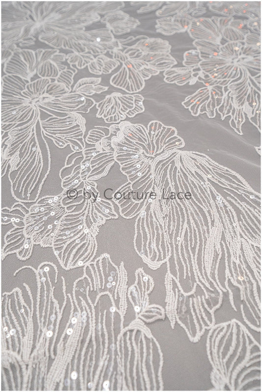 Fine sequin lace off-white/ soft sequin tulle fabric/ lace sequin net fabric// L17-022