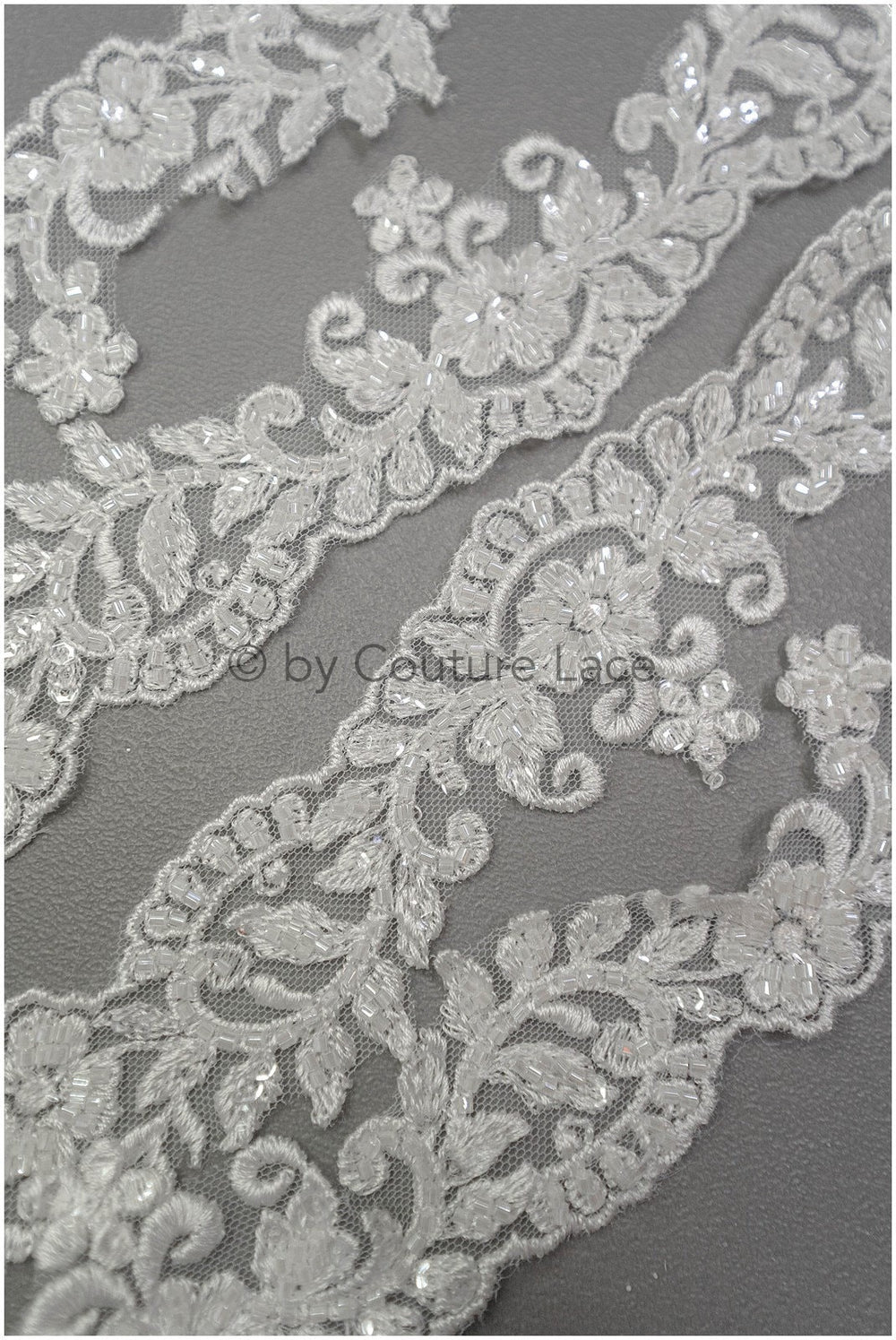 Off-white lace trim with pearls/ pearl embroidered lace trim/ glitter rhinestone trim/ bridal veil lace trim// T20-090