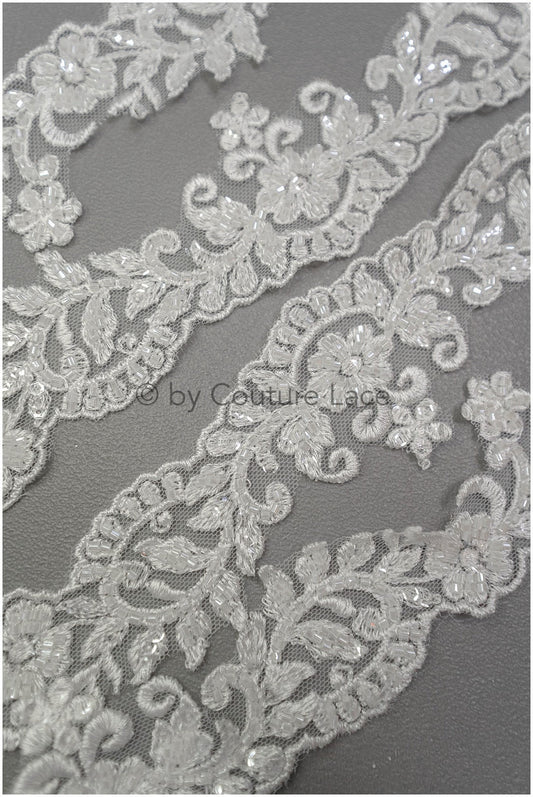 Off-white lace trim with pearls/ pearl embroidered lace trim/ glitter rhinestone trim/ bridal veil lace trim// T20-090